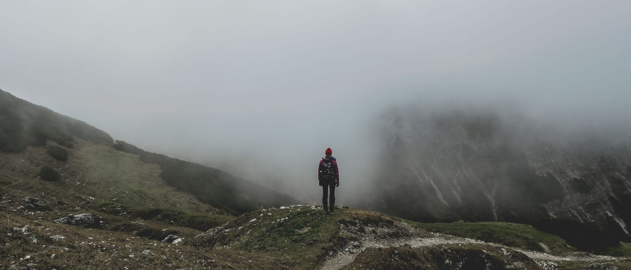 Single hiker in the clouds